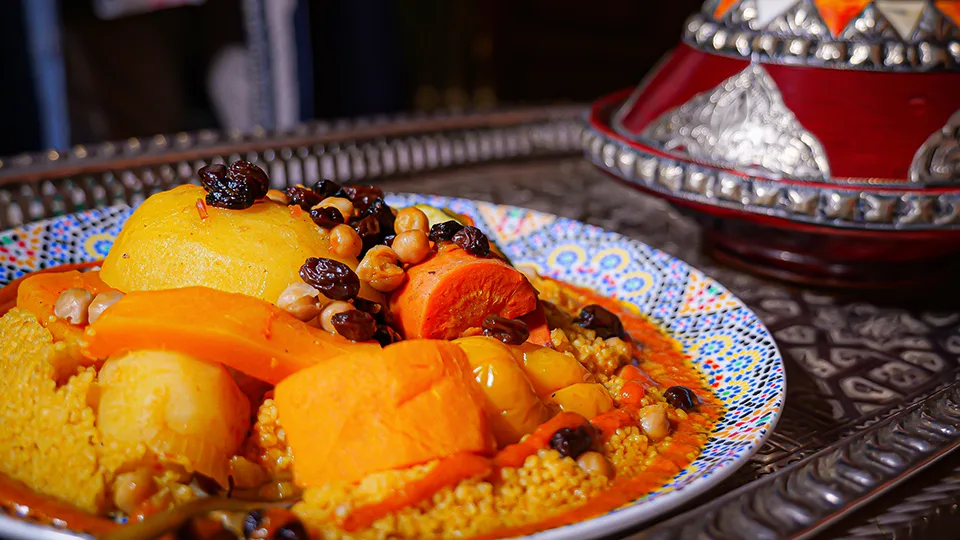 Beautifully presented entrée at Le Bazaar Maui in Kihei, Maui, highlighting Moroccan flavors and local produce.