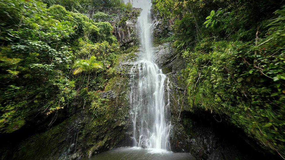 Full view of Wailua Falls plunging 80 feet into pool along Hana Highway Maui's most photographed waterfall