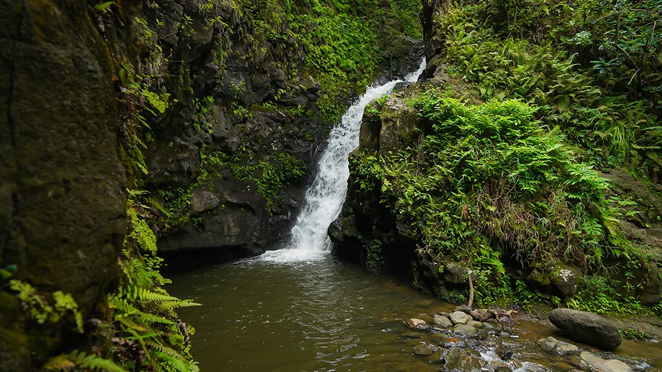 Side view of Makamaka'ole Falls showing water flow patterns along challenging West Maui trail