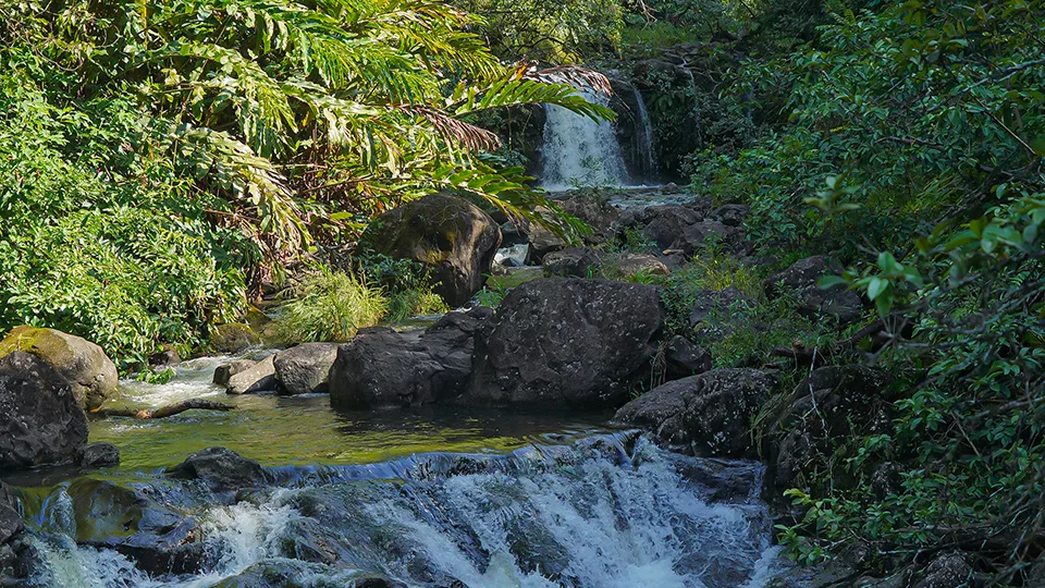 Lower section of Nu'yenle'e Falls with flowing stream and rocky terrain off Hana Highway