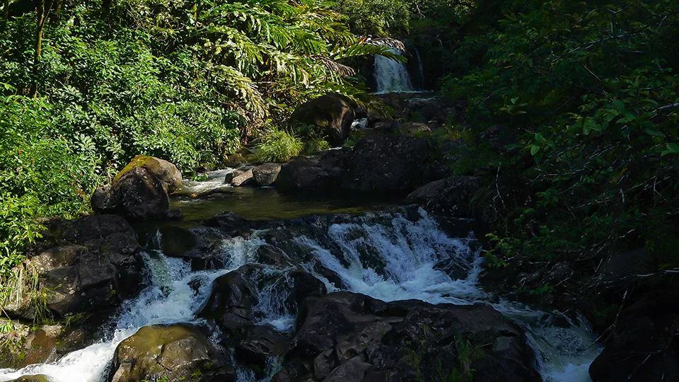 Close view of Nu'yenle'e Falls cascade showing water patterns over rocks in peaceful setting Maui