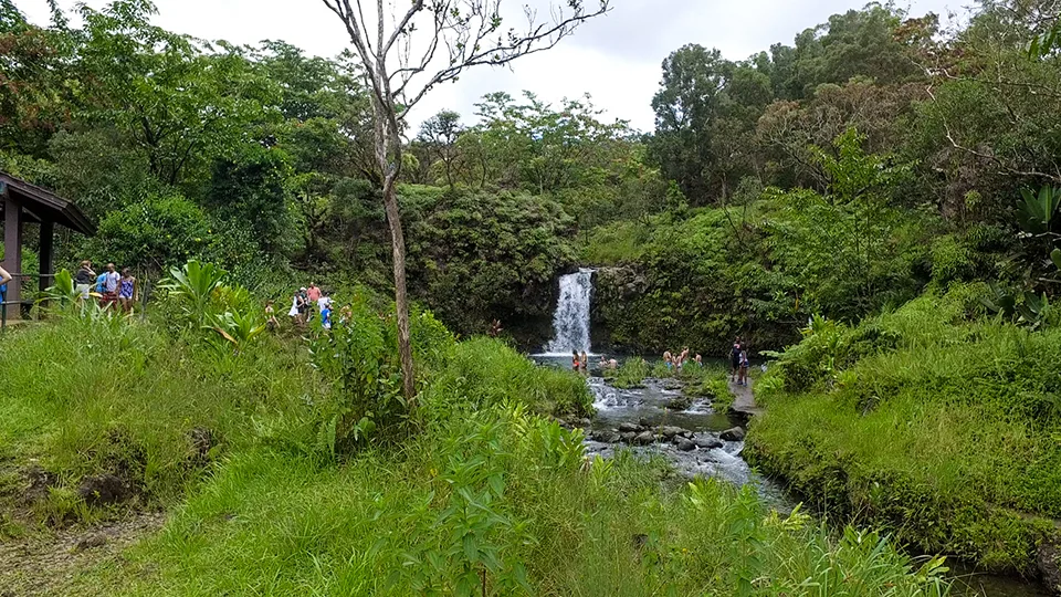 Pua'a Ka'a Falls accessible Maui waterfall with two tiers visible from Road to Hana Mile Marker 22 state wayside park