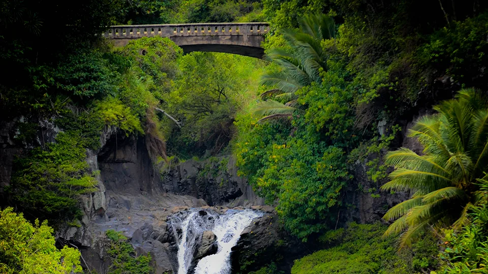 Aerial perspective of 'Ohe'o Gulch Seven Sacred Pools showing multiple cascades through Kipahulu Valley