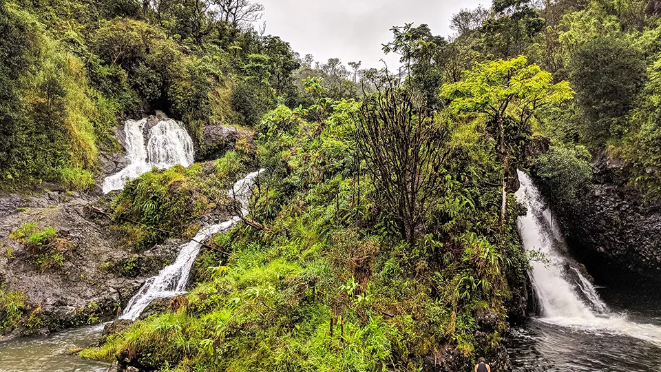 Upper Waikani Falls Three Bears triple parallel 70-foot waterfall on Maui visible directly from Road to Hana